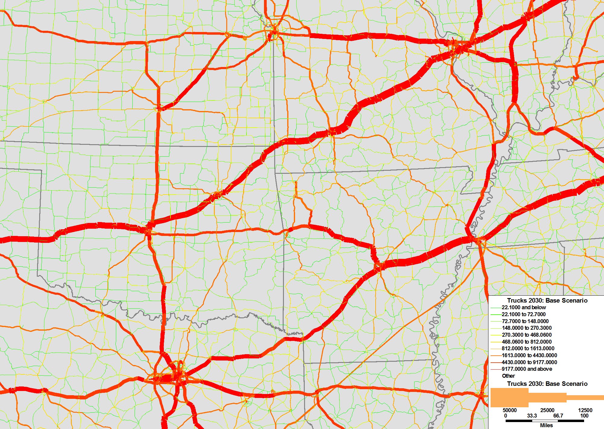 Caption:Example for a network assignment showing link-level truck volumes