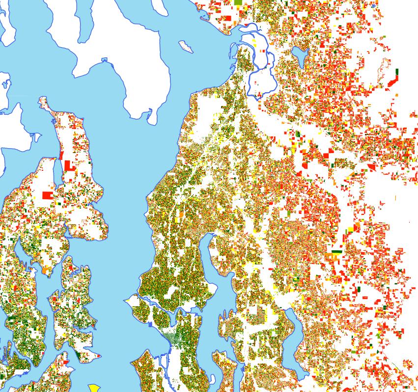 400 px|Modelled Vehicle Miles Traveled per Person by Home Parcel in Seattle